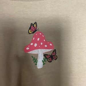 Vibe 'N Women's short sleeve t-shirt in taupe.  Mushroom with butterflies design